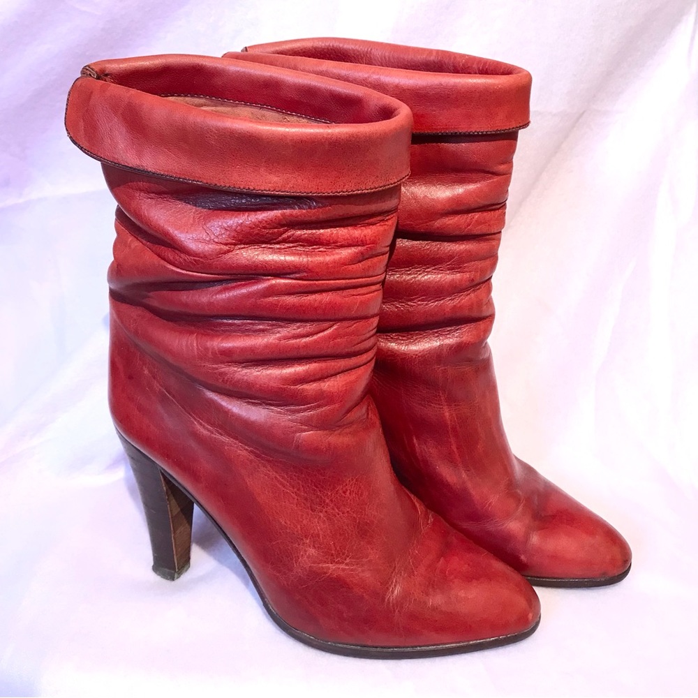 Joan and David deep red Italian leather boots mid calf length pointed toe